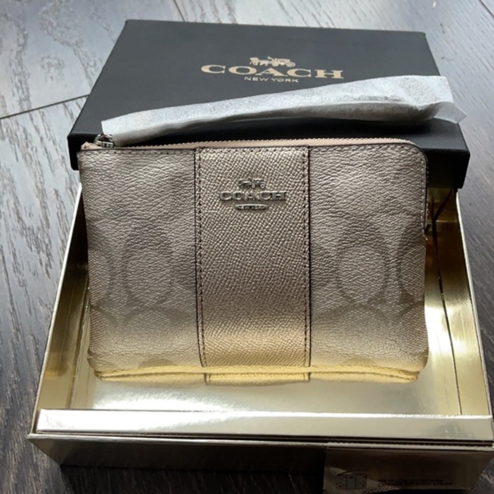 Coach Metallic Signature Wristlet Wallet Gold Champagne Zip Pouch